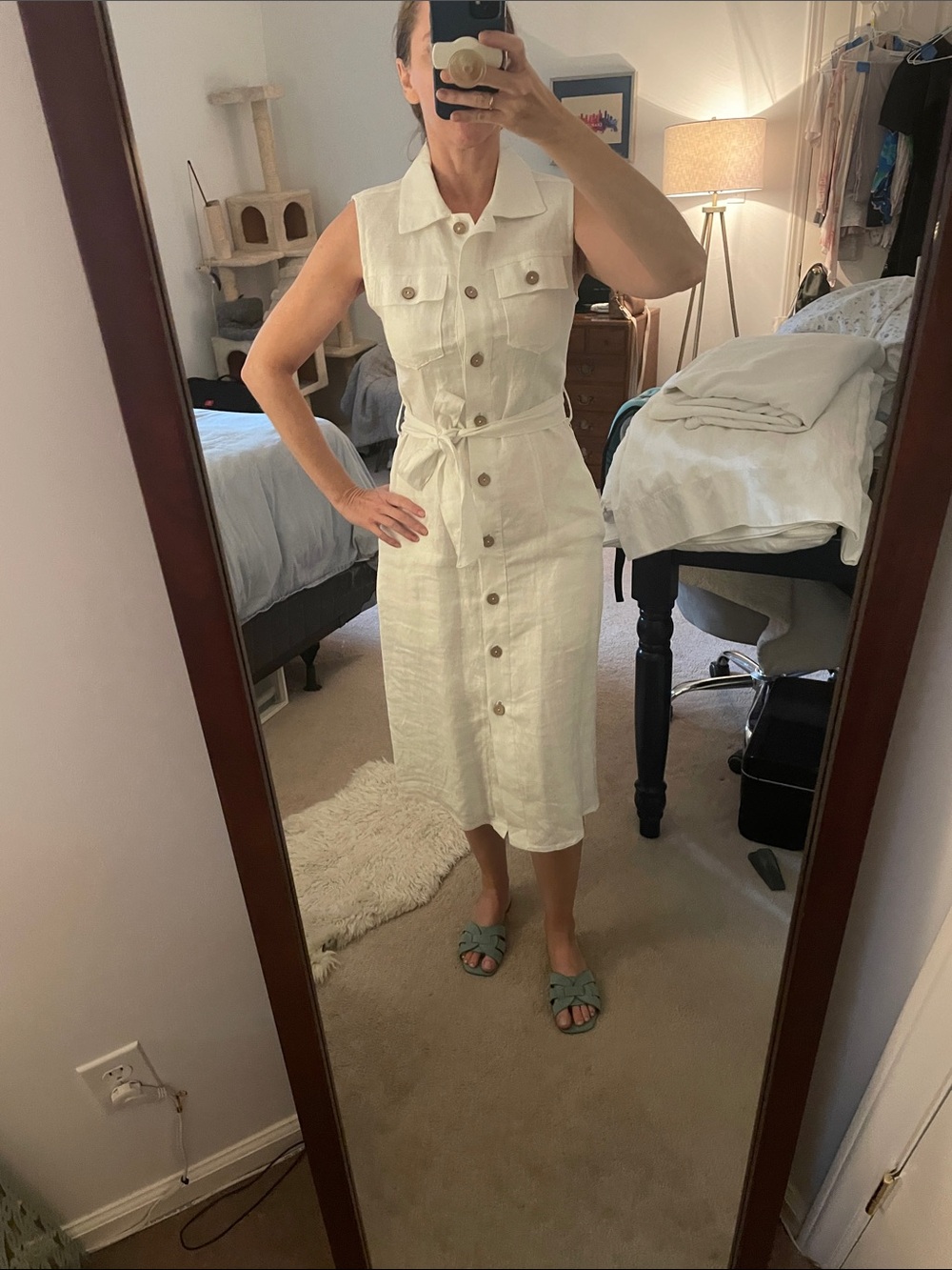 Olivaceous Sleeveless Button-Front Linen Midi Dress - White